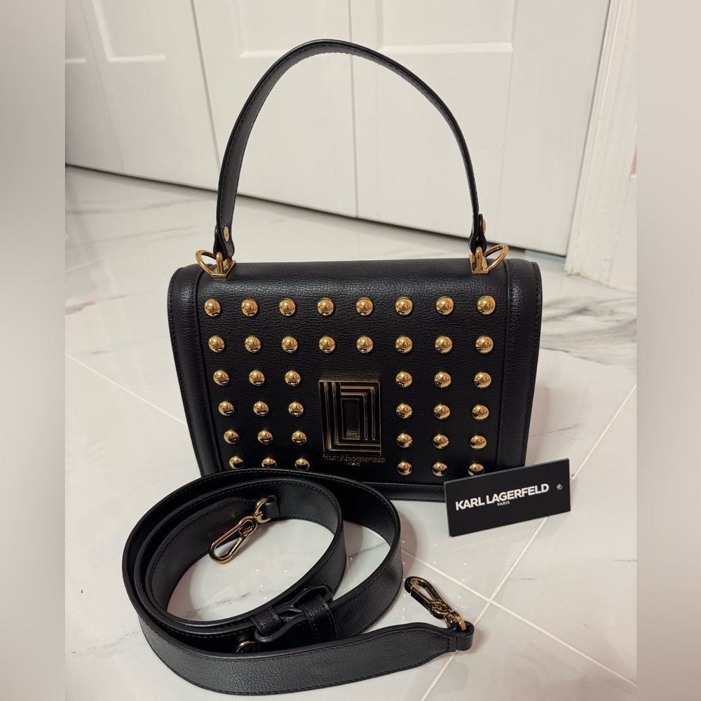 Karl Lagerfeld Black Leather Studded Crossbody Top Handle Bag with Gold Hardware